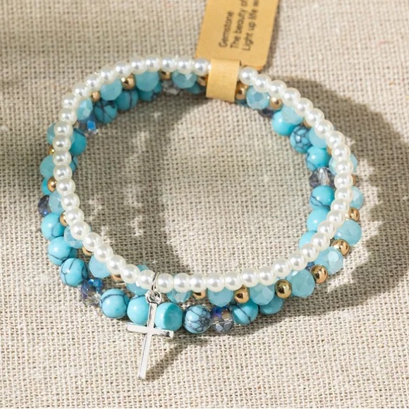 Chelsea Rose Collections Jewelry - Lake Blue Bracelet Set with Cross